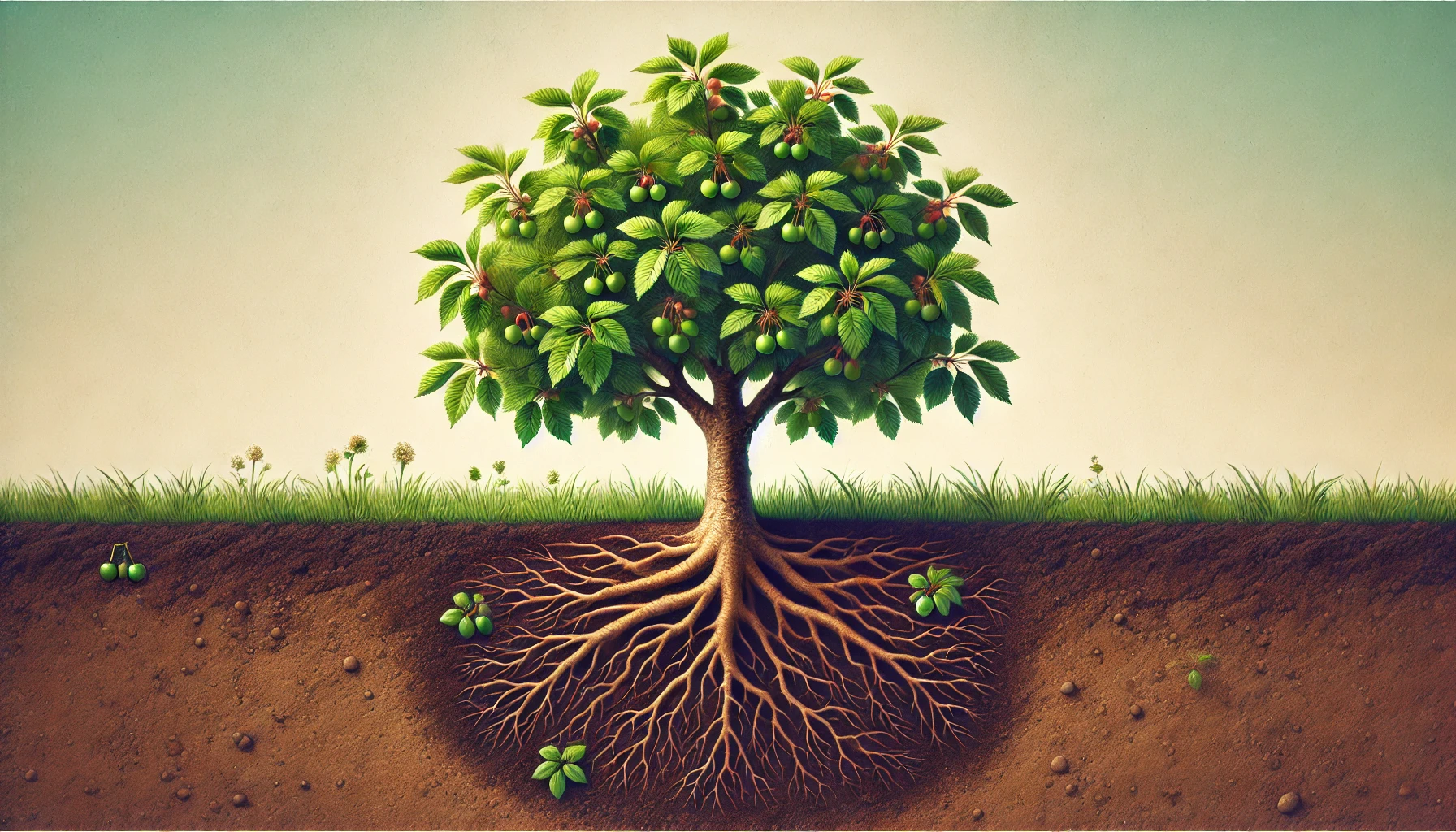 A vibrant tree with lush green leaves and fruit, revealing intricate roots and soil layers, symbolizes growth and nature's beauty.