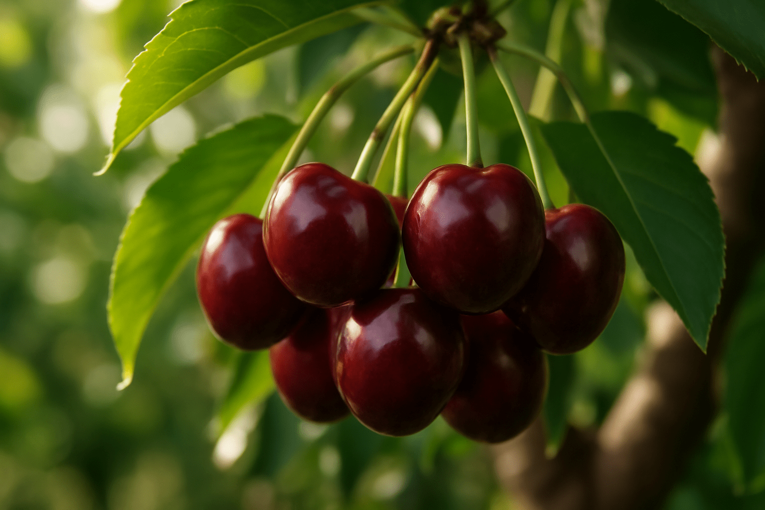 A cluster of ripe, shiny dark red cherries hanging from green leaves on a tree, illuminated by soft, natural light.