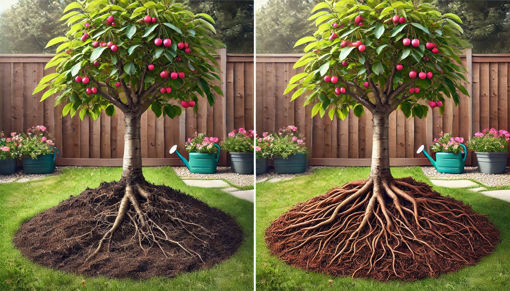 A vibrant tree with pink fruits, showcasing its contrasting root systems in mulched soil, set in a well-kept garden with potted flowers.