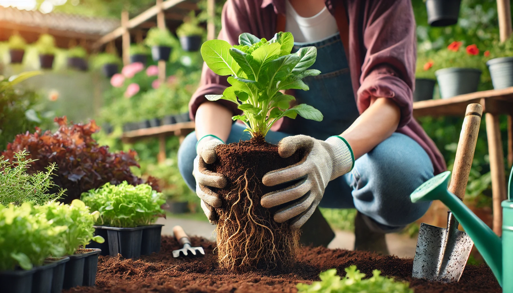A gardener in gloves plants a young green lettuce seedling into rich soil, surrounded by various potted plants in a vibrant garden setting.