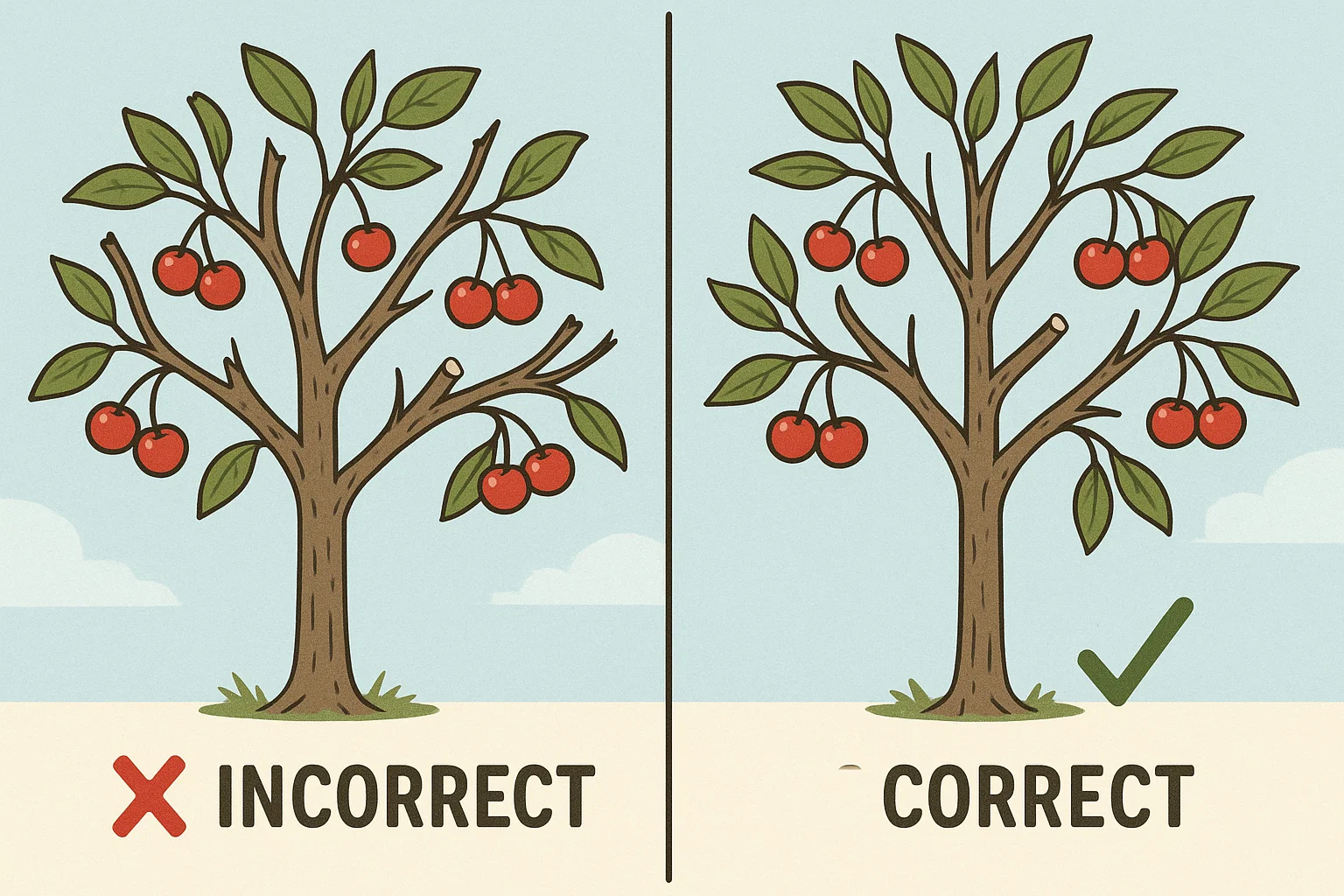 Illustration comparing an incorrect and correct tree structure, with cherries and leaves, highlighting proper pruning techniques.