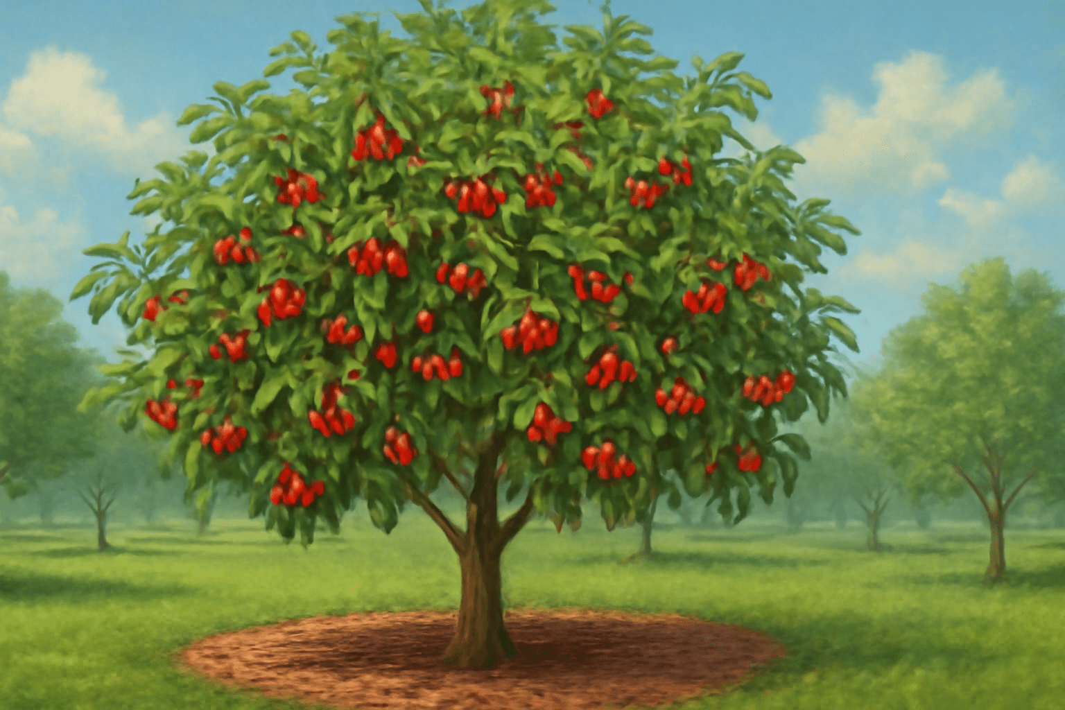 A vibrant tree laden with clusters of red fruits stands in a lush green field under a blue sky with soft clouds.