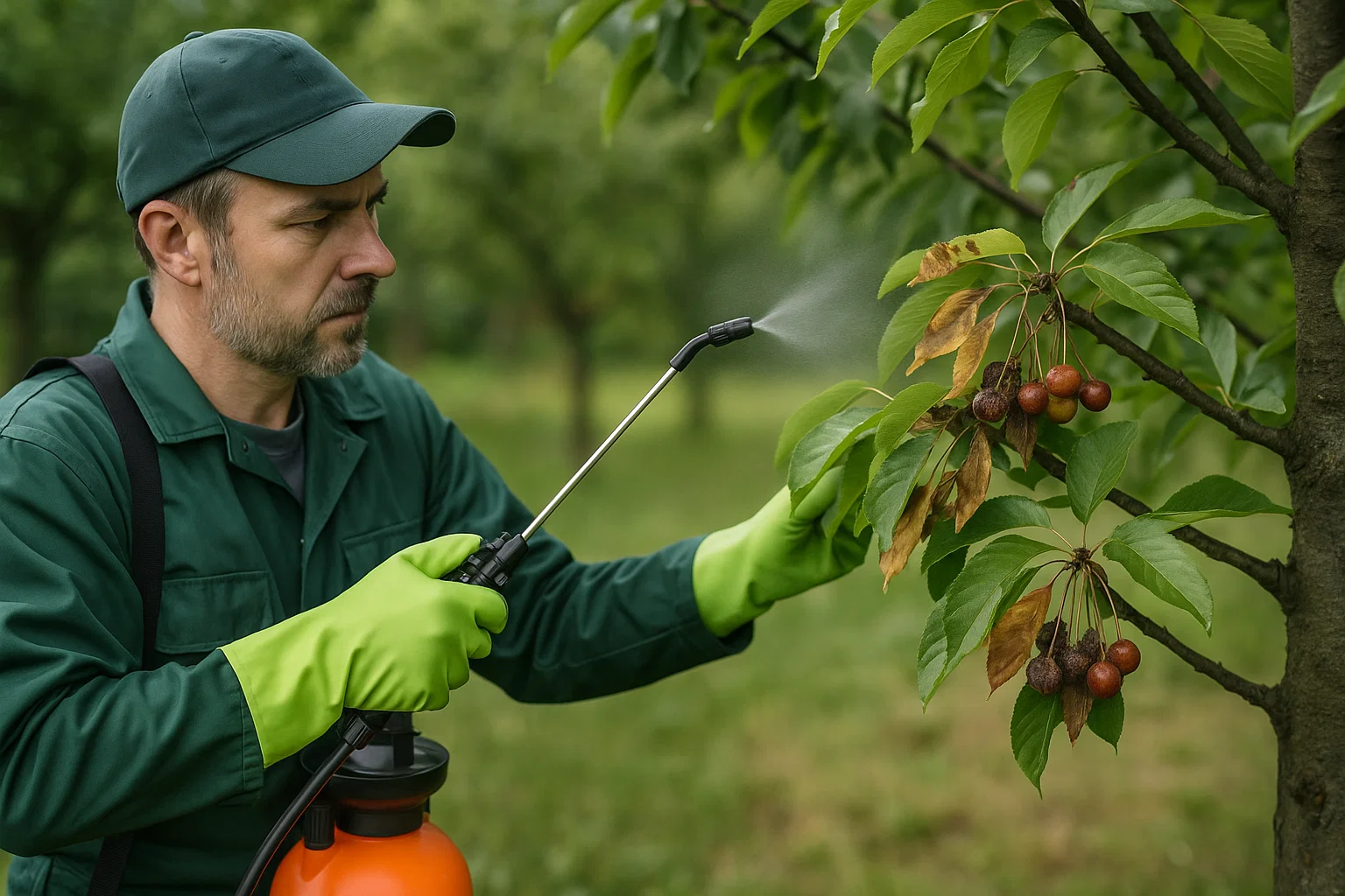 A person in a green uniform and rubber gloves sprays pesticide on a tree, focusing on the leaves and fruit.