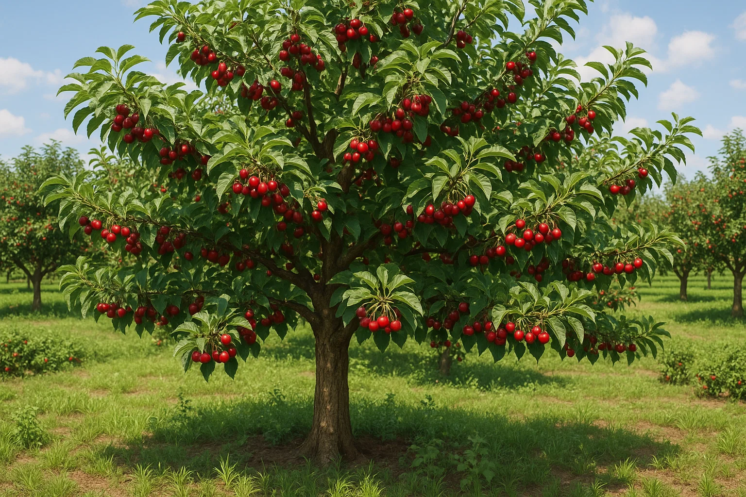 A vibrant cherry tree laden with bright red cherries stands tall in a lush green orchard under a clear blue sky.