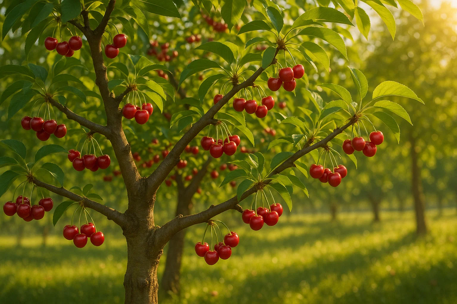 A close-up of a cherry tree branch laden with bright red cherries, surrounded by lush green leaves and a sunlit orchard in the background.
