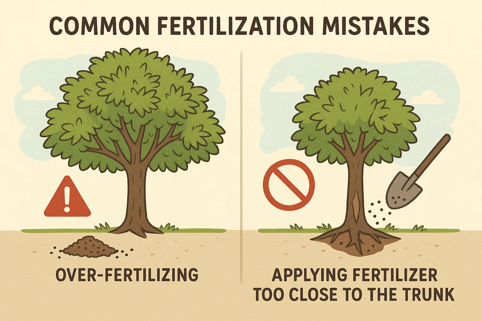 Illustration showing common fertilization mistakes: over-fertilizing on the left and applying fertilizer too close to the trunk on the right.