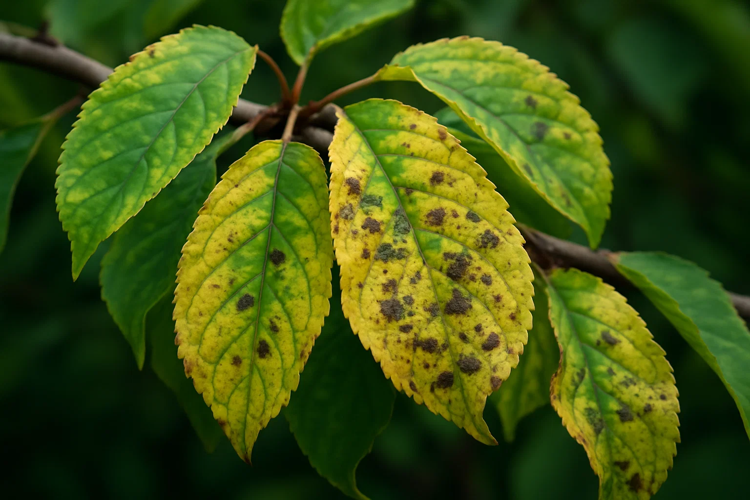 A close-up of yellowing leaves with brown spots, showcasing signs of disease, attached to a green background.