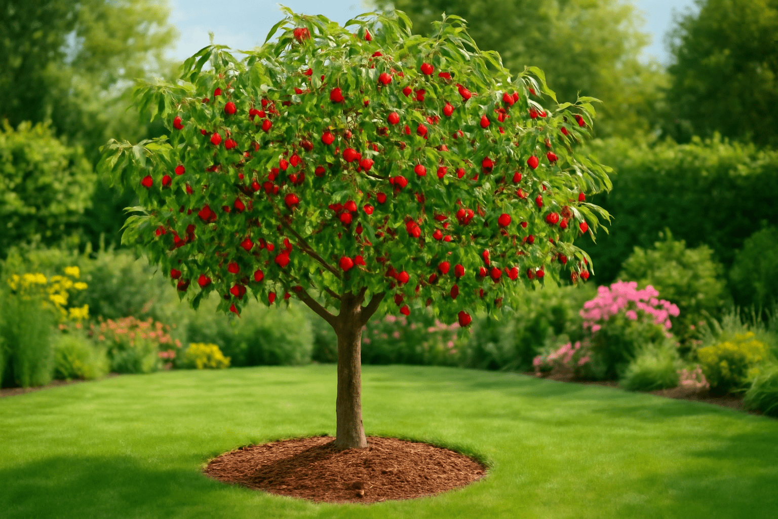 A lush tree laden with bright red fruits stands in a vibrant garden, surrounded by colorful flowers and greenery.