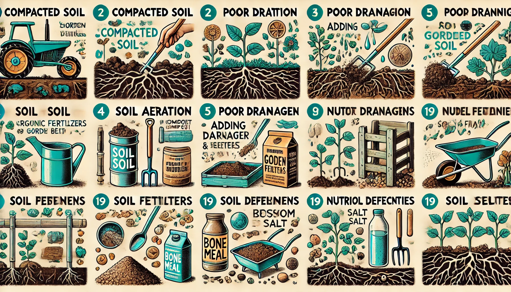 A colorful infographic illustrating soil issues and solutions, including compacted soil, drainage problems, and nutrient deficiencies.