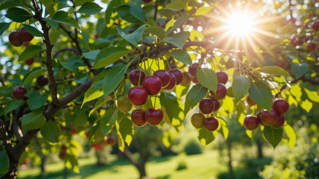 Sunlight filters through green leaves, illuminating clusters of red cherries hanging from a tree in a vibrant orchard.