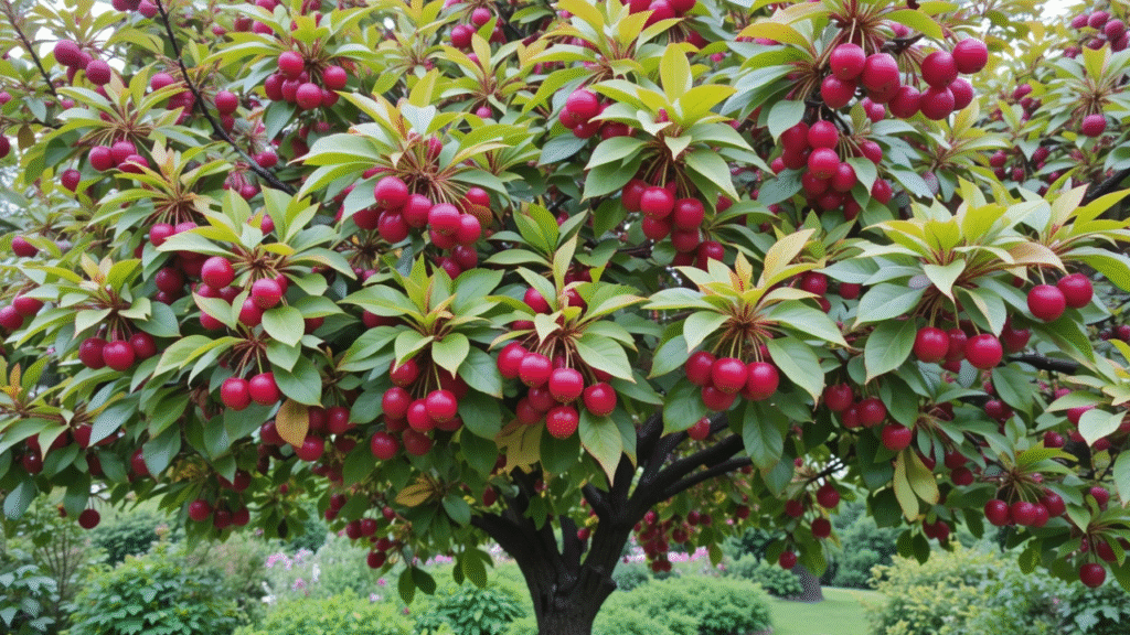 A lush tree adorned with clusters of vibrant red fruits nestled among glossy green leaves, creating a striking garden scene.