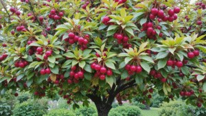 A lush tree adorned with clusters of vibrant red fruits nestled among glossy green leaves, creating a striking garden scene.