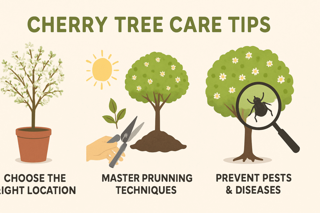 Graphic depicting cherry tree care tips: choosing location, pruning techniques, and preventing pests and diseases.