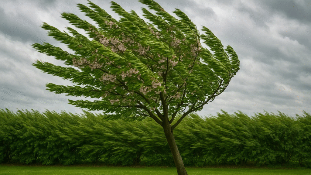 A windswept tree leans to one side, its green leaves and pink blossoms blurred, against a backdrop of lush, swaying grass in a stormy sky.
