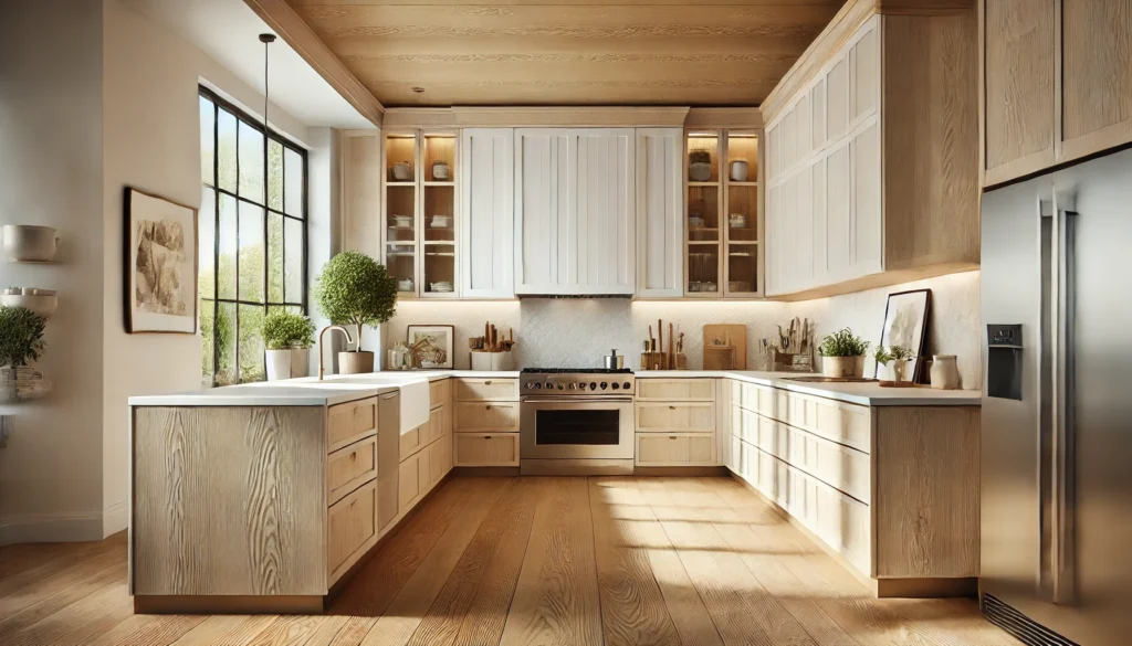 A modern kitchen featuring light wood cabinets, a spacious island, stainless steel appliances, and large windows with green plants.