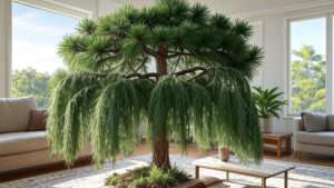 A lush, decorative tree with long green needles, placed in a bright, modern living room beside a sofa and large windows.