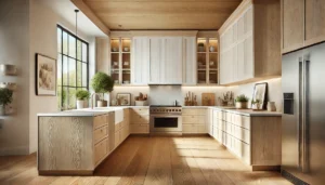 A modern kitchen featuring light wood cabinets, a spacious island, stainless steel appliances, and large windows with green plants.