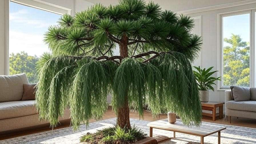 A lush, decorative tree with long green needles, placed in a bright, modern living room beside a sofa and large windows.