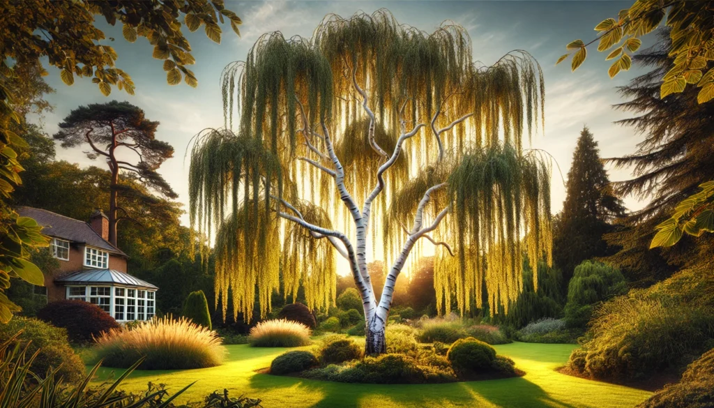 A majestic willow tree with drooping branches stands in a lush garden, bathed in warm sunlight, with a cozy house in the background.