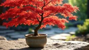 A vibrant red Japanese maple bonsai in a ceramic pot, set against a soft-focus garden background.