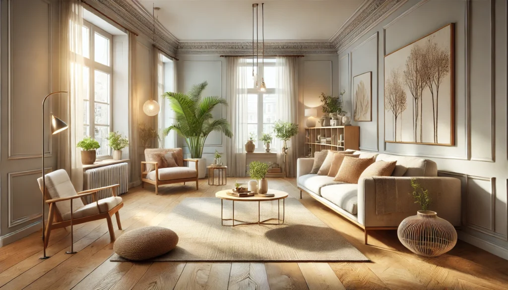 A cozy living room featuring large windows, warm wooden floors, soft furniture, decorative plants, and stylish artwork.