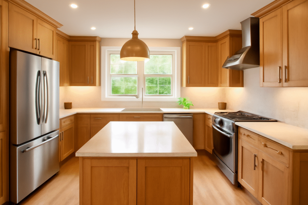 Modern kitchen with light wood cabinetry, stainless steel appliances, a central island, and a pendant light, complemented by natural light.