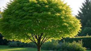 Sunlit green tree with a rounded crown, surrounded by lush greenery and a soft-focus background, highlighting its vibrant leaves.