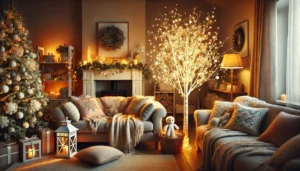 Cozy holiday living room adorned with a decorated Christmas tree, glowing lights, plush pillows, and warm candles for a festive atmosphere.