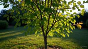Sunlit green tree with vibrant leaves against a grassy background, showcasing its delicate branches and refreshing foliage.