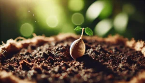 A seedling with two small green leaves emerges from rich soil, illuminated by soft sunlight and surrounded by blurred greenery.