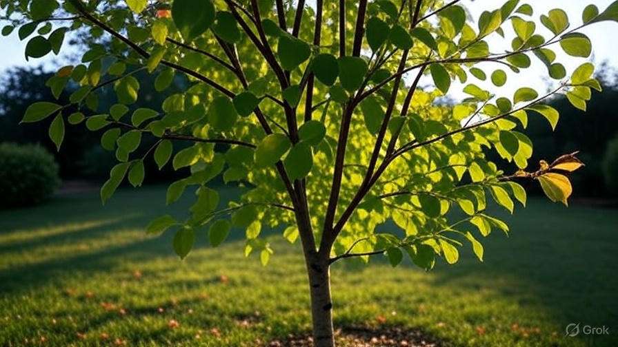 Sunlit green tree with vibrant leaves against a grassy background, showcasing its delicate branches and refreshing foliage.