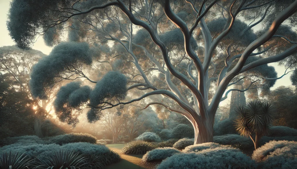 A majestic tree with twisted branches stands in a misty garden, surrounded by lush greenery and softly glowing sunlight filtering through.