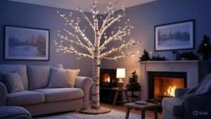 A cozy living room featuring a lit birch tree, a couch, fireplace, and winter-themed artwork, creating a warm, inviting atmosphere.