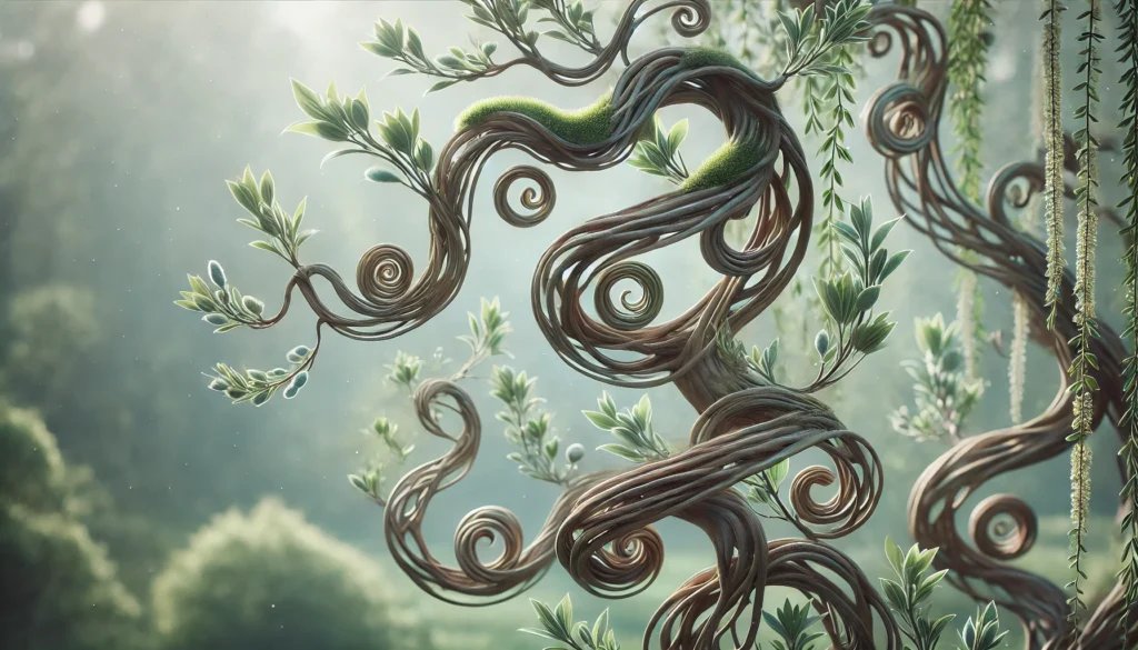 A beautifully twisted tree branch with spiraling forms and lush green leaves, set in a soft, ethereal forest background.