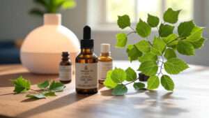 A cozy scene featuring herbal oils, a diffuser, and fresh green leaves on a wooden table, bathed in natural light.