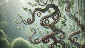 A beautifully twisted tree branch with spiraling forms and lush green leaves, set in a soft, ethereal forest background.