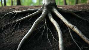 Close-up of a tree's intricate roots extending over dark soil in a lush green forest.