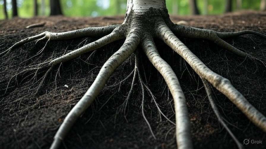 Close-up of a tree's intricate roots extending over dark soil in a lush green forest.
