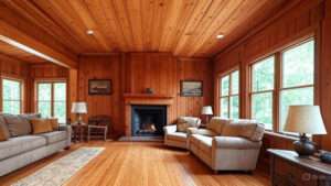 Cozy wooden living room featuring a fireplace, two sofas, and large windows providing natural light. Warm, inviting ambiance.