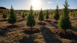 A vibrant field with a group of trees illuminated by bright sunlight, creating a serene outdoor scene.
