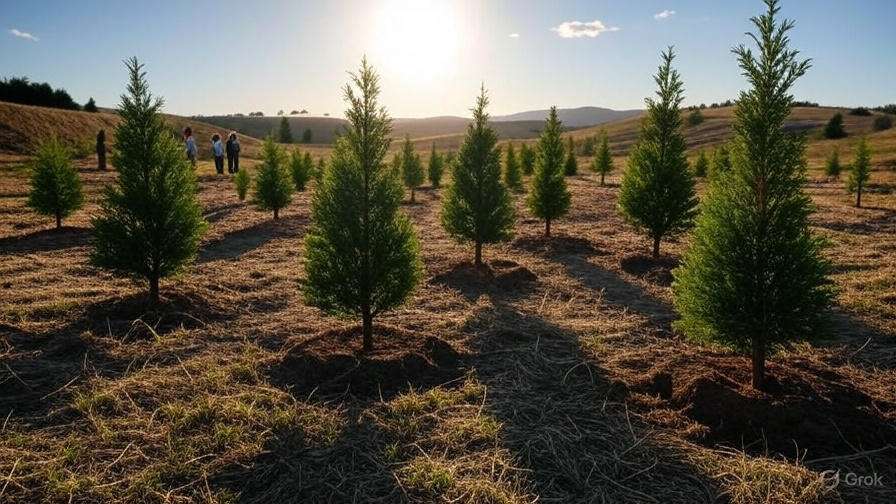 A vibrant field with a group of trees illuminated by bright sunlight, creating a serene outdoor scene.