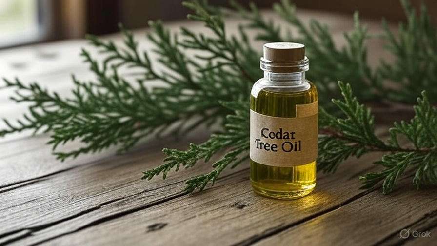 A small glass bottle labeled "Cedar Tree Oil" sits on a wooden table, surrounded by lush, green cedar branches. The scene evokes a natural, tranquil atmosphere.