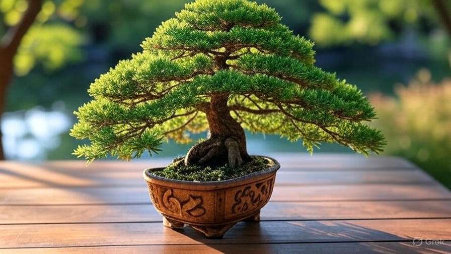A lush green bonsai tree in an ornate pot sits on a wooden table, bathed in warm sunlight. The blurred background of a garden creates a serene ambiance.