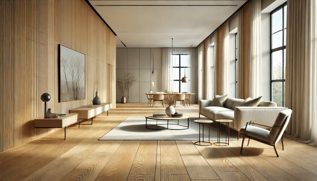 Modern living room featuring wooden walls, a cozy sofa, large windows with sheer curtains, and a stylish coffee table arrangement.