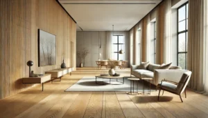 Modern living room featuring wooden walls, a cozy sofa, large windows with sheer curtains, and a stylish coffee table arrangement.