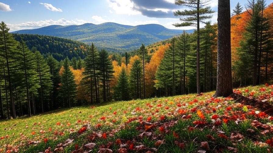 A serene landscape showcasing rolling hills and a vibrant forest in autumn, with colorful leaves scattered on lush green grass.