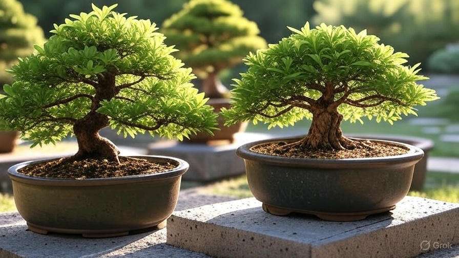 Two lush green bonsai trees in dark pots sit on stone pedestals. Sunlight highlights their delicate leaves, evoking a serene, peaceful atmosphere.