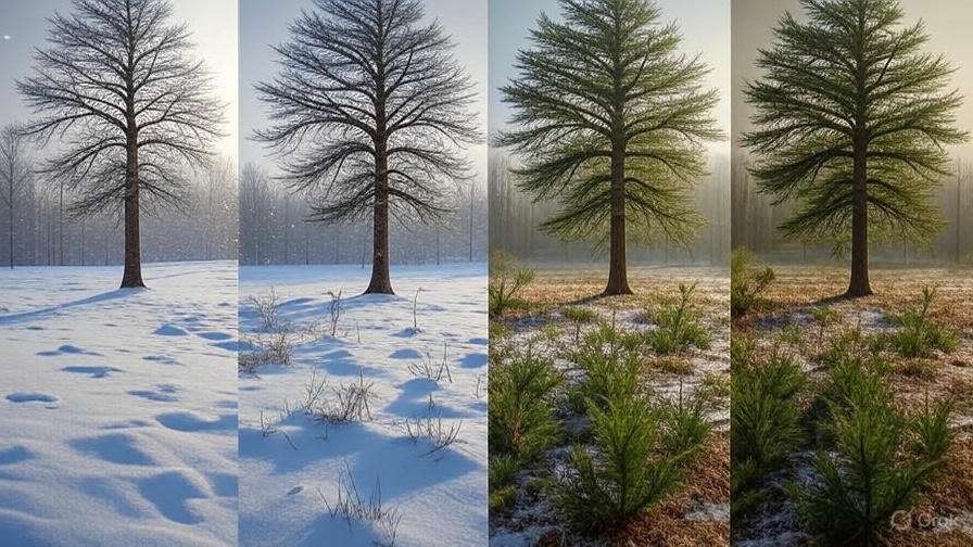 A four-part image showing a tree transitioning through seasons: snowy winter, early spring, and lush greenery in summer, showcasing nature's cycle.
