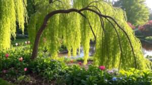 A willow tree with long, drooping branches stands beside a small pond, surrounded by green plants and blooming pink flowers.
