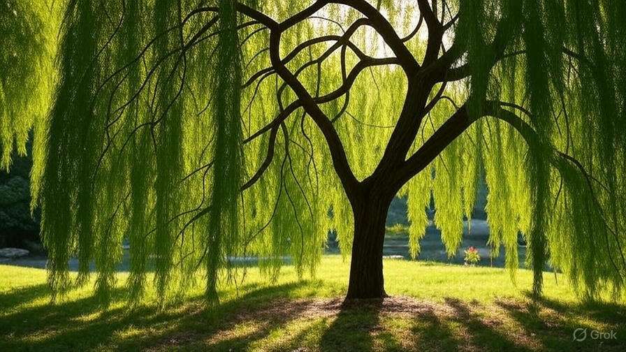 A willow tree with long, flowing green branches casts dappled shadows on a sunlit lawn, creating a peaceful and serene atmosphere.